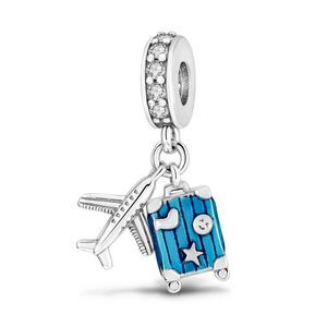 S925 Travel Double Dangle Charm Teal Luggage And Plane Sparkle Crusted Bail